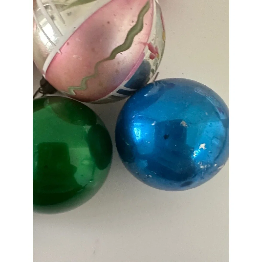 Vtg Poland Pink Flower Shiny Brite USA‎ Glass Ball Christmas Ornament Set 9